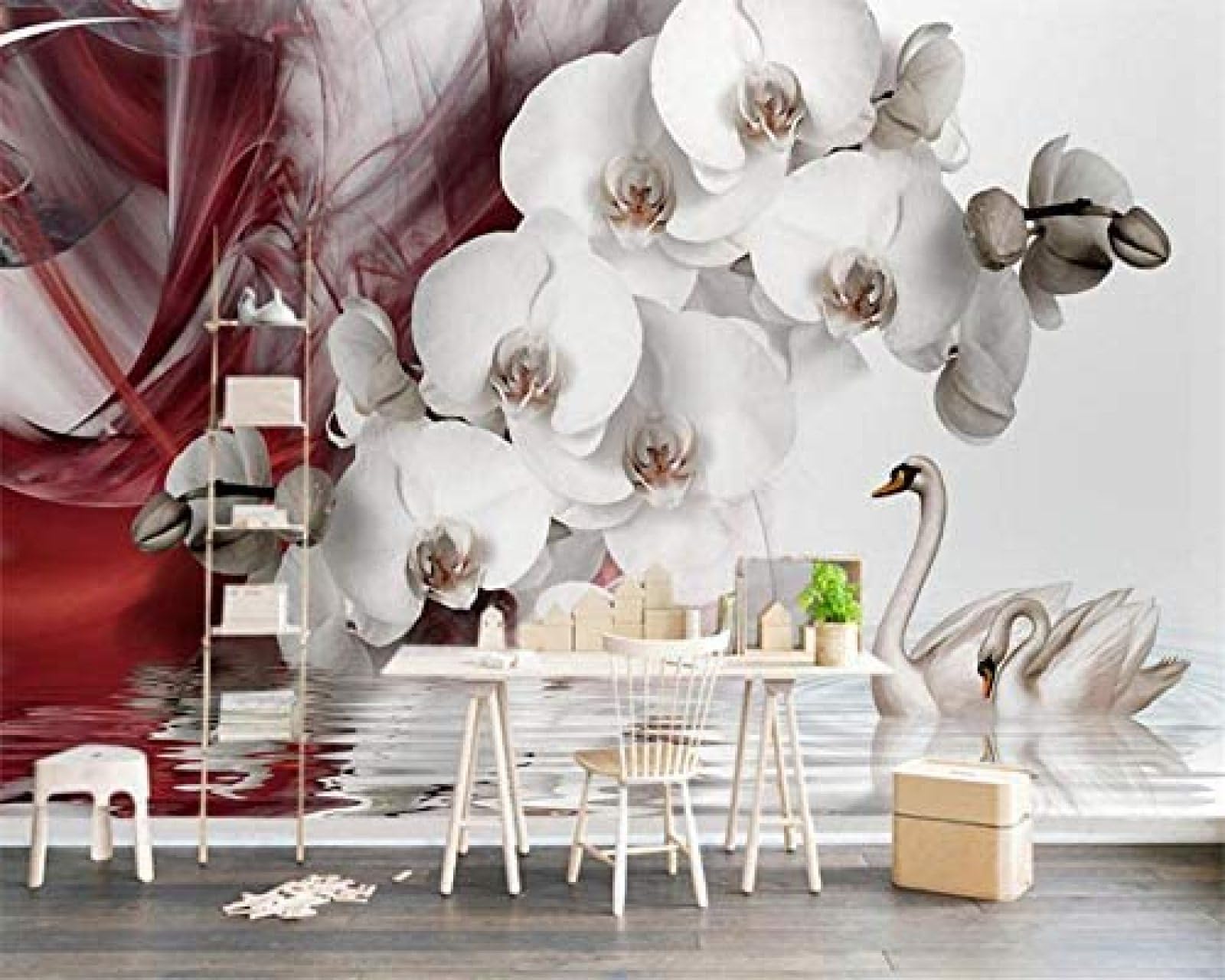 Carta Da Parati 3D Carta Da Parati Moderna Tessuto Di Seta Bella Phalaenopsis Swan Tv Sfondo Sfondo Carta Da Parati Murales Poster Murale Soggiorno Camera Letto Minimalista Sfondo-300cm×210cm