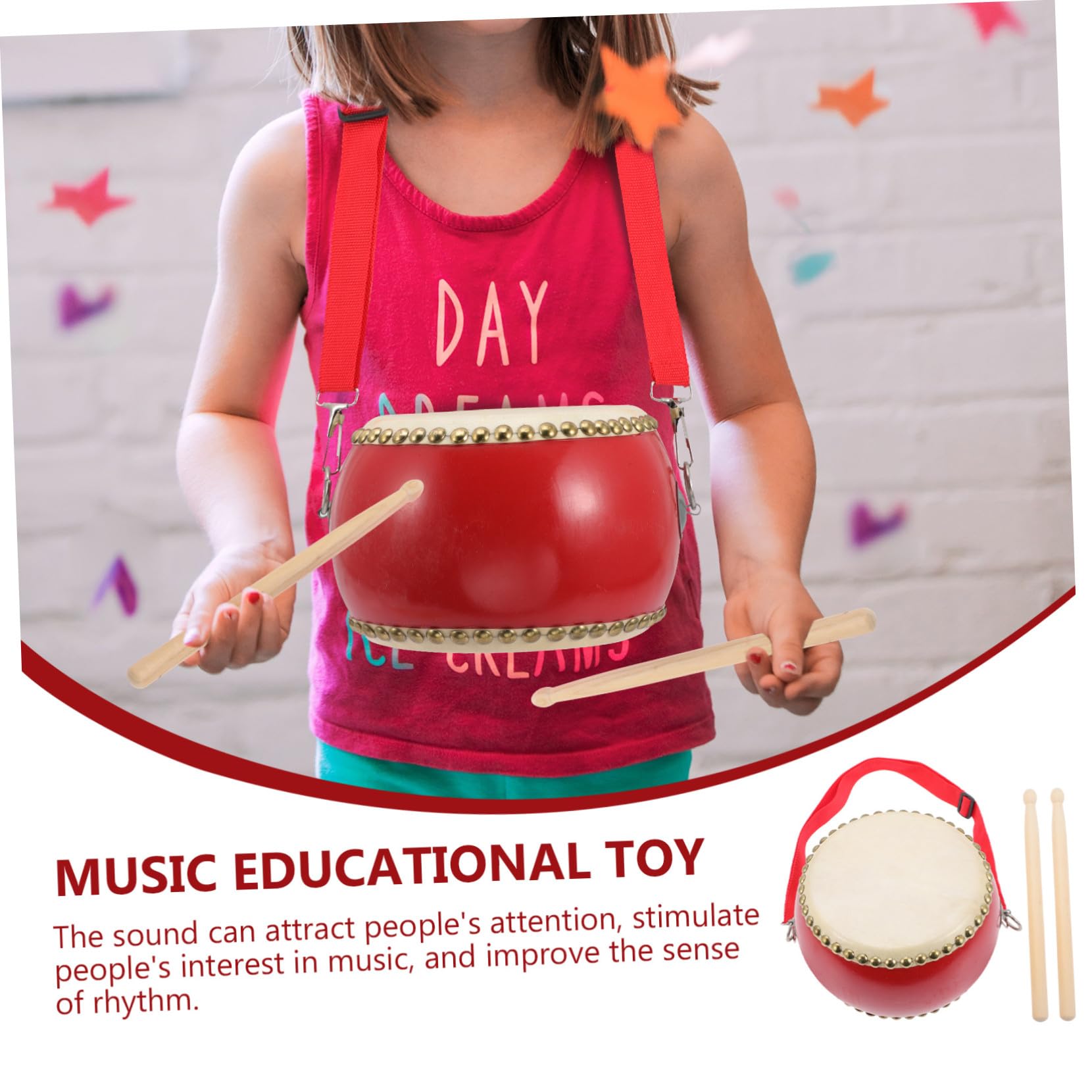 Tamburo Giocattolo in Pelle di Mucca in Legno Rosso | Strumento Percussione Musicale, per Feste di Celebrazione, per Bambini e Adulti