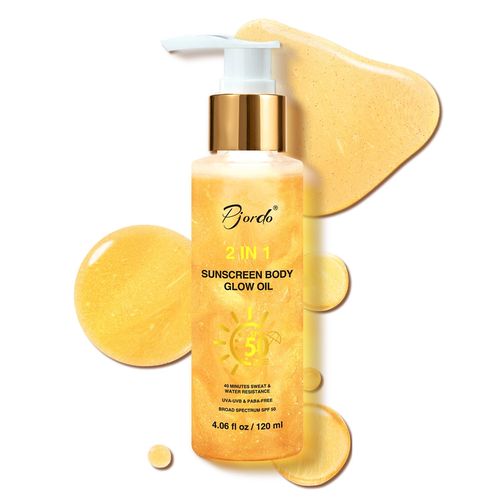 Body Shimmer Oil, Sunscreen Glow Oil, Broad Spectrum SPF 50, Sun Shield, Lightweight Shimmering Gel Texture Absorbs Quickly, Non Sticky, Glowing