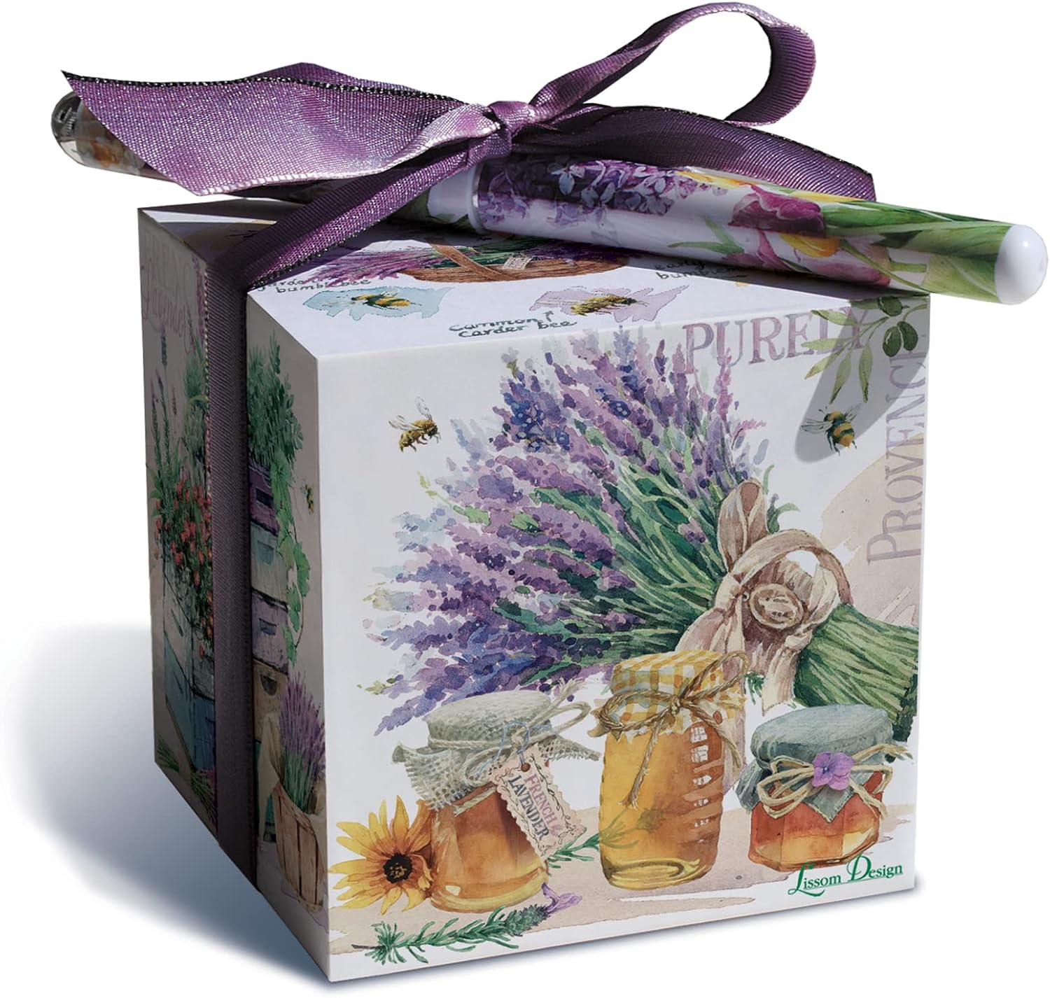 Lissom Design Block Paper Note Pad - Designer Memo Sheets for Home or Office Notepad and Pen Set, 3 x 3-Inch Cube, Lavender Bee Farm