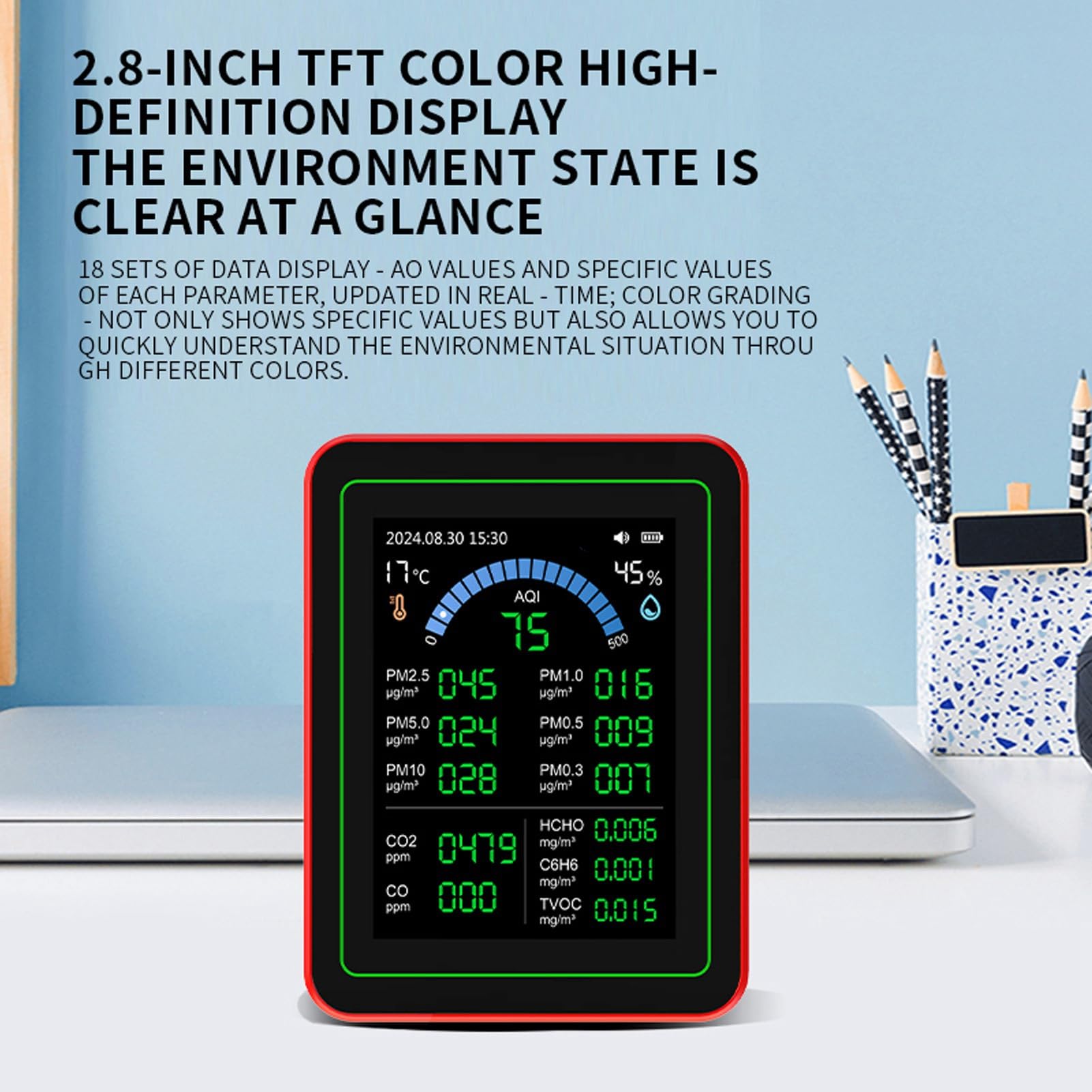 Misuratore di qualità Dell'aria 18 in 1 Tester Portatile per Interni Accurato CO2 TVOC PM2.5 per Uso Domestico Display HD