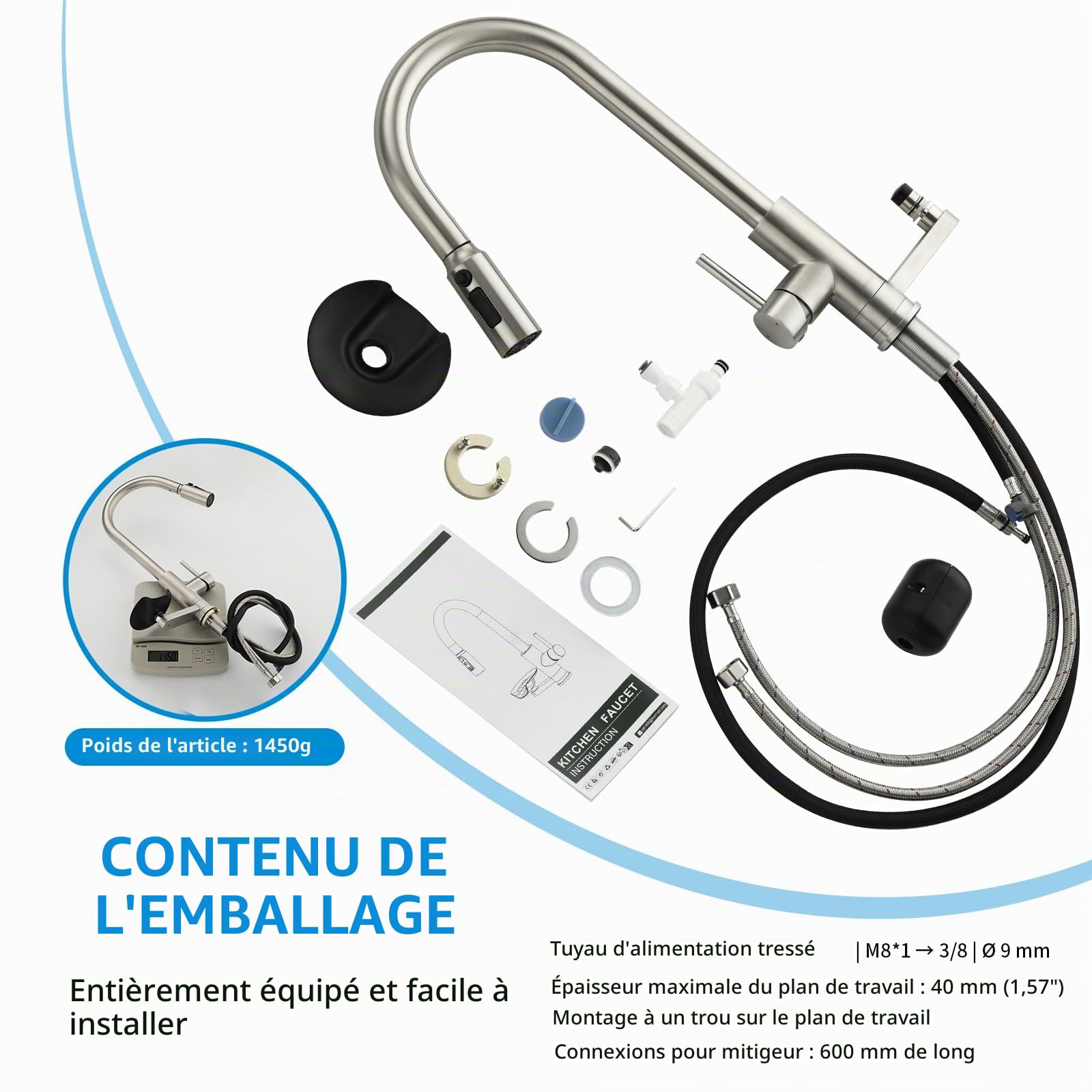 Robinet Cuisine 3‑en‑1 Filtre Lave-verres, Douchette Extractible Double jet | Mitigeur Cuisine avec Douchette,Mynaiad acier 304 Brossé, évier 3 voies, Rotation 360° Adapté Cuisine
