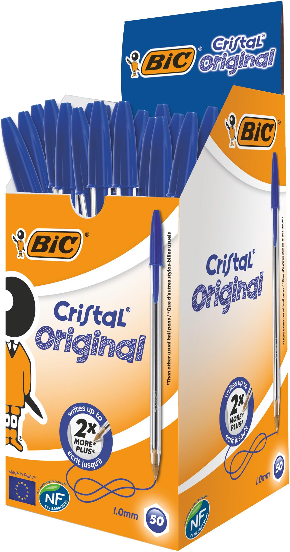 BIC Cristal Original Stylos-​Bille Pointe Moyenne (1,​0 mm)- Parfait pour l'Ecole et au Bureau) - Bleu, Boîte de 50