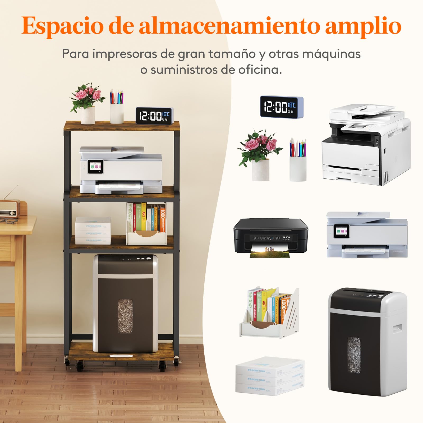 Lifewit Soporte para Impresora de 4 Niveles con Ruedas y Estante de Almacenamiento Ajustable para la Oficina en Casa, Carrito para Trituradora, Escáner, Marrón Rústico, 53x40x112cm