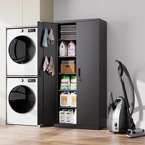 Miniatura 2 de Reemoon Armarios de almacenamiento de metal con puertas de bloqueo y estantes ajustables 2 asas negro