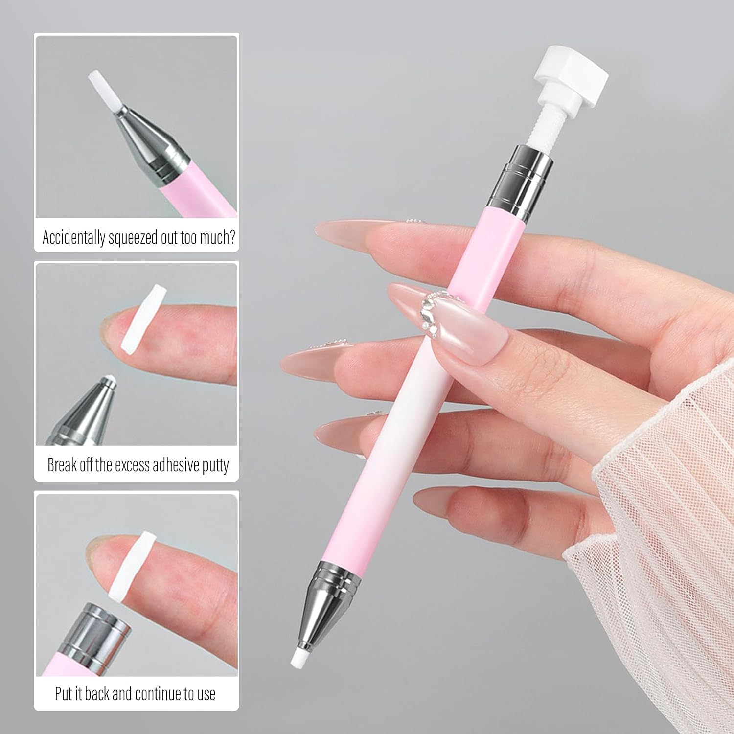 Rhinestone Picker Tool, 1pc Rotating Refillable Wax Pen and 3pcs Wax, Diamond Painting Dotting Tools Nail Art Decoration for Quickly Pick Up Crystal Beads Gems Pearl Nails Supplies (Pink)