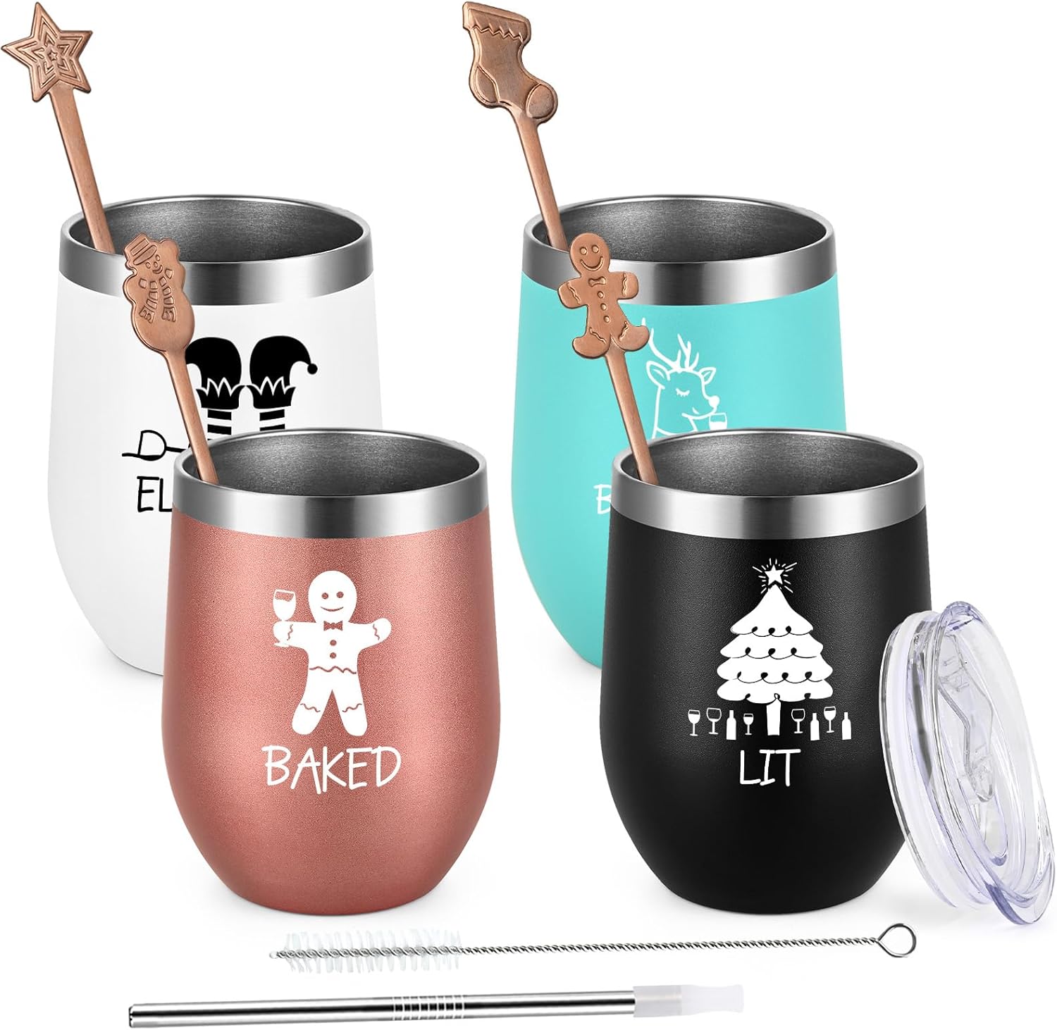 Qtencas Funny Christmas Gifts, 4 Pack Stainless Steel Wine Tumbler Set with Spoon, Funny Christmas Gifts Ideas for Coworkers Women Men Female Friends Sisters Bro Guy Staff Xmas Holiday(12oz Mix Color)