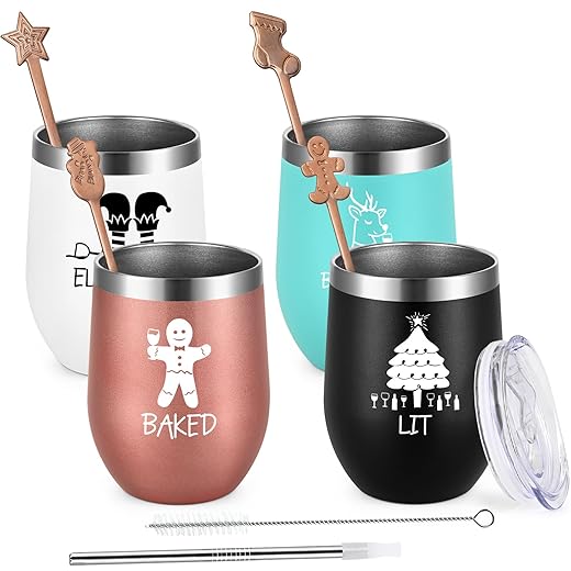 Qtencas Funny Christmas Gifts, 4 Pack Stainless Steel Wine Tumbler Set with Spoon, Funny Christmas Gifts Ideas for Coworkers Women Men Female Friends Sisters Bro Guy Staff Xmas Holiday(12oz Mix Color)