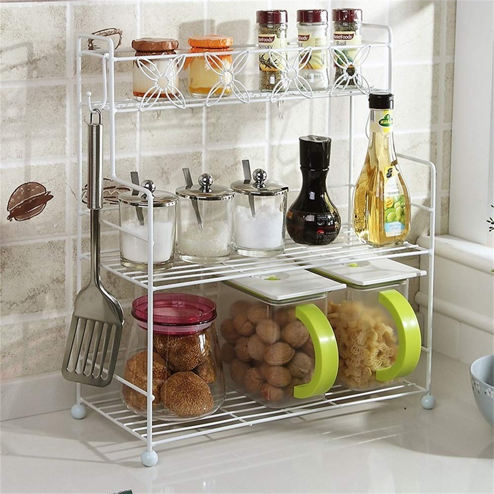 Estante de cocina de 3 capas para especias, estante de almacenamiento versátil para botellas de especias, estante de baño, color blanco