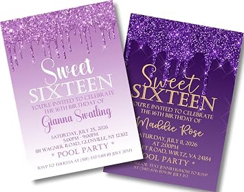 Lavender Purple Sweet 16 Quinceanera Invitations, Personalized, Set of 12