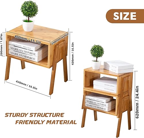 Miniatura 2 de Zoopolyn Mesas auxiliares de bambú apilables, mesita de noche, para sala de estar, juego de 2