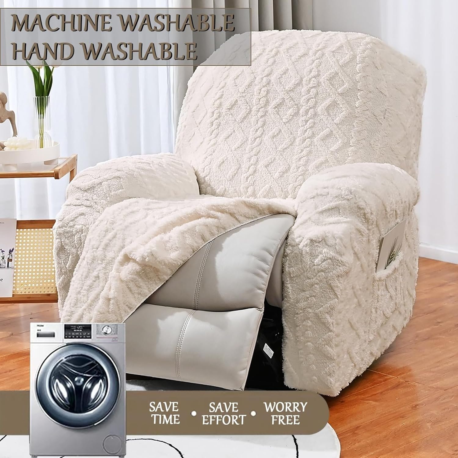 Jacquard Plush Recliner Sofa & Armchair Covers - 1 Seat Stretch Slipcover with Non-Slip Grip, Side Pockets & Custom Fit for Reclining Sofas, Chairs Couch Cushions Furniture Protector