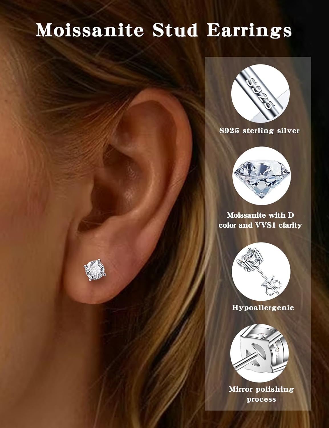 Moissanite Stud Earrings for Women, 925 Sterling Silver Hypoallergenic 18K White Gold Plating Earrings Engagement Gifts for Men (0.6-4ct) - Image 2