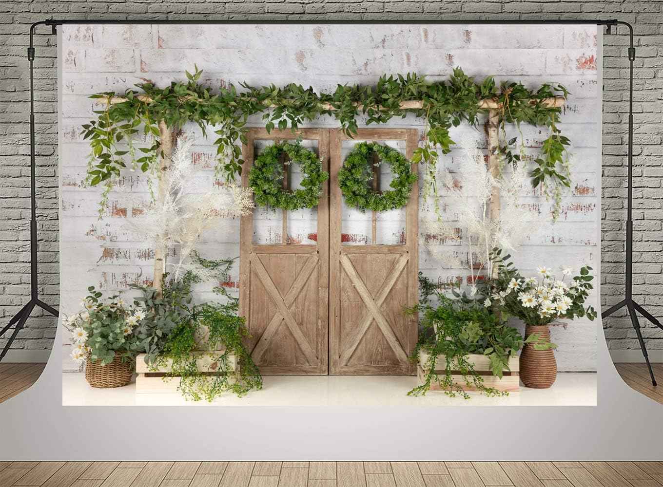 Kate Rustic White Painted Brick Wall Wood Door Photography Backdrops 7x5ft Spring Green Grass and Flowers Photo Backgrounds Baby Shower Backdrop Photoshoot Props