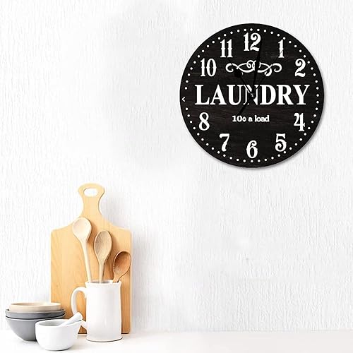 Miniatura 3 de Reloj de lavandería negro, reloj de pared silencioso de 10 pulgadas, funciona con pilas, reloj de pared retro para baño, relojes de pared de madera