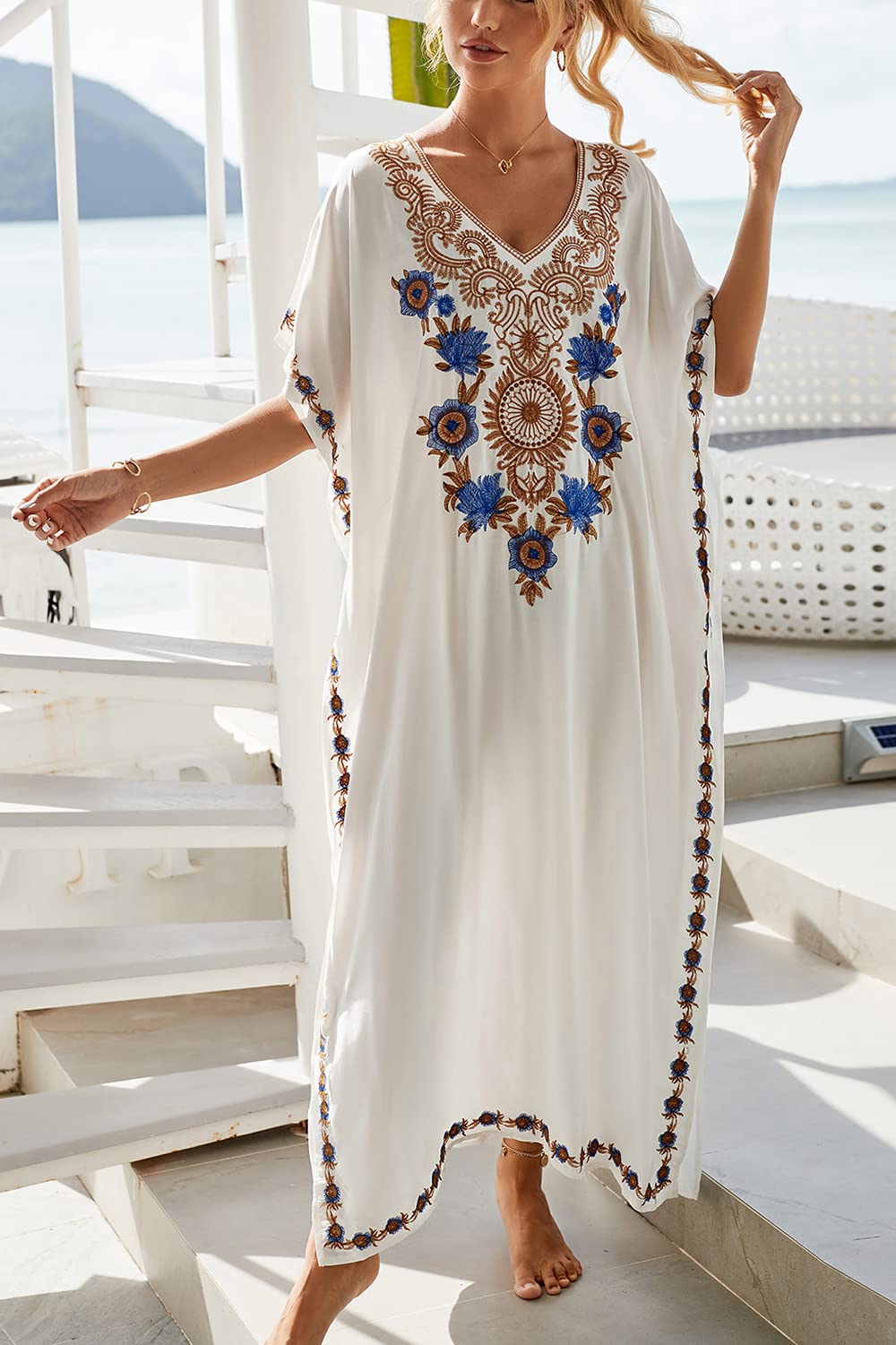 Brodé Floral Loose Caftan Boho Beach Bikini Cover Up Robe Plus Size Robe pour Femme