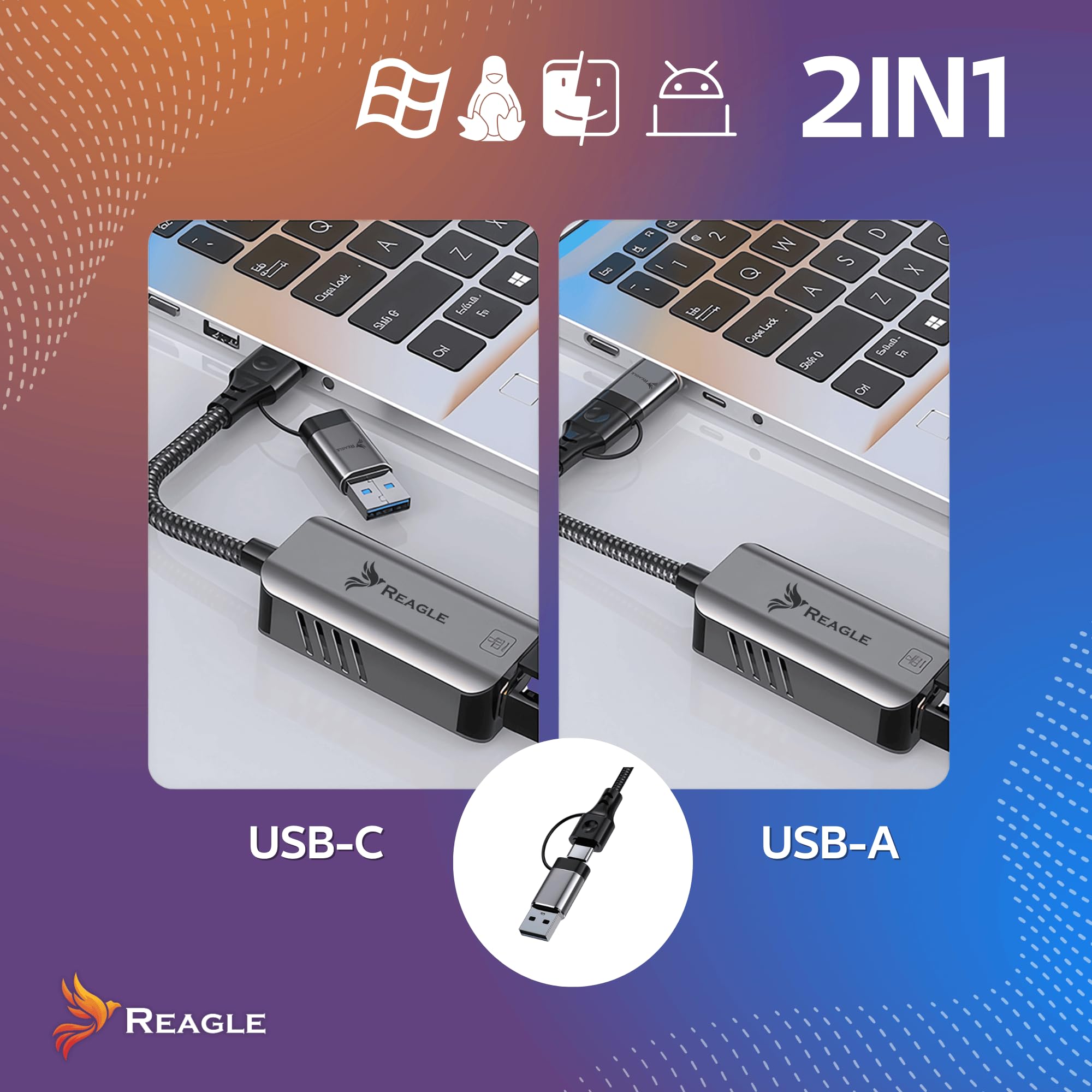 Reagle Adaptateur USB-A USB-C 3.2 vers RJ-45 Ethernet - 5000 Mbps, boîtier en aluminium, affichage LED, Plug & Play, compatible avec Windows & Mac OS, Android, Linux