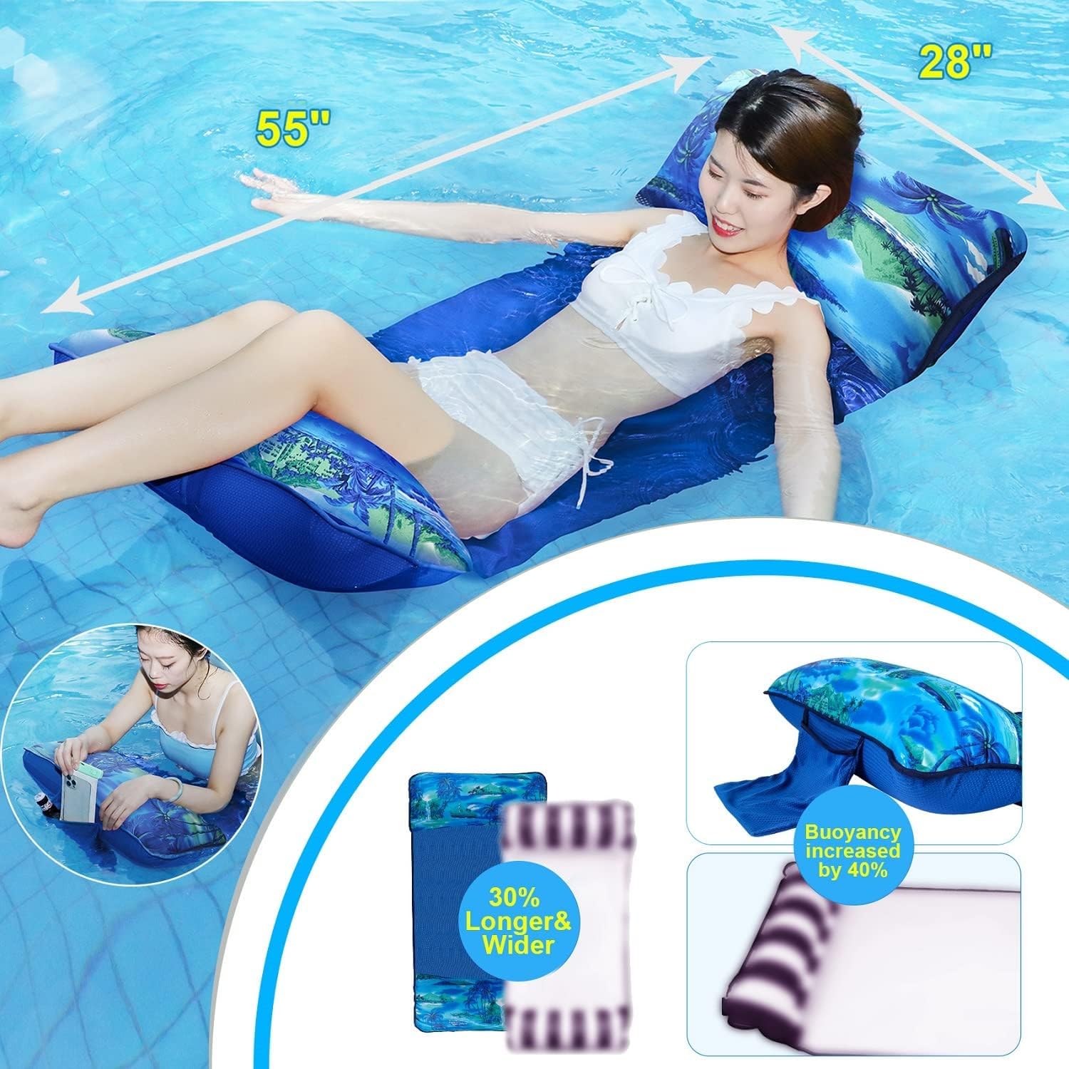 Pool Hammock,Inflatable Water Hammock for Adult, Fabric Mesh Floating up to 300 LBS Heavy Duty, XL Lake Float with Drink Bag, Inflatable Pool Lounger, 5-in-1 Multi-Purpose Water Toys