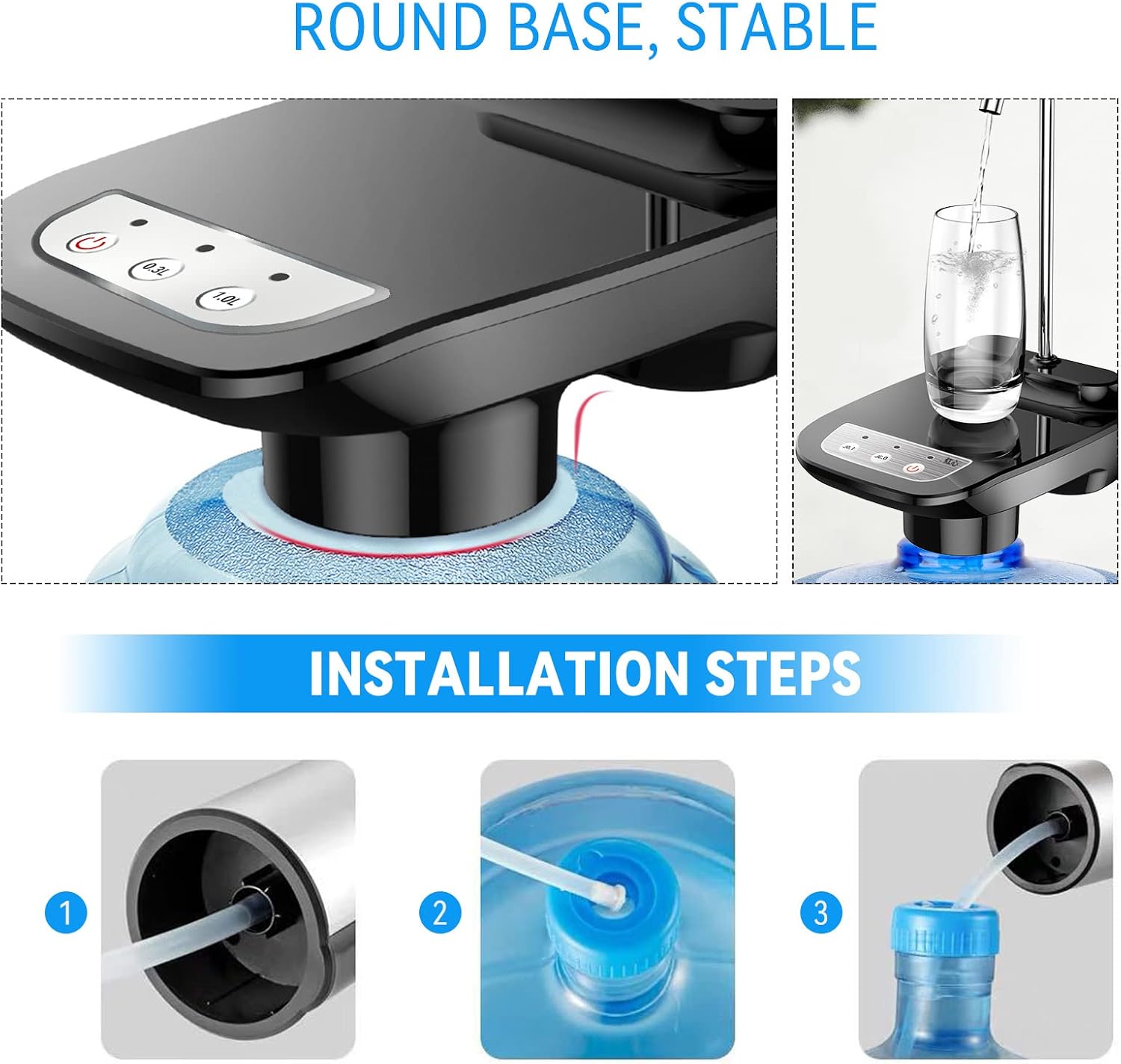 AstraLoom Electric Water Dispenser Pump for 3-5 Gallon Bottles - USB Rechargeable, Low Noise, Portable Automatic Jug Pump - Ideal for Home, Office, Camping (Black)