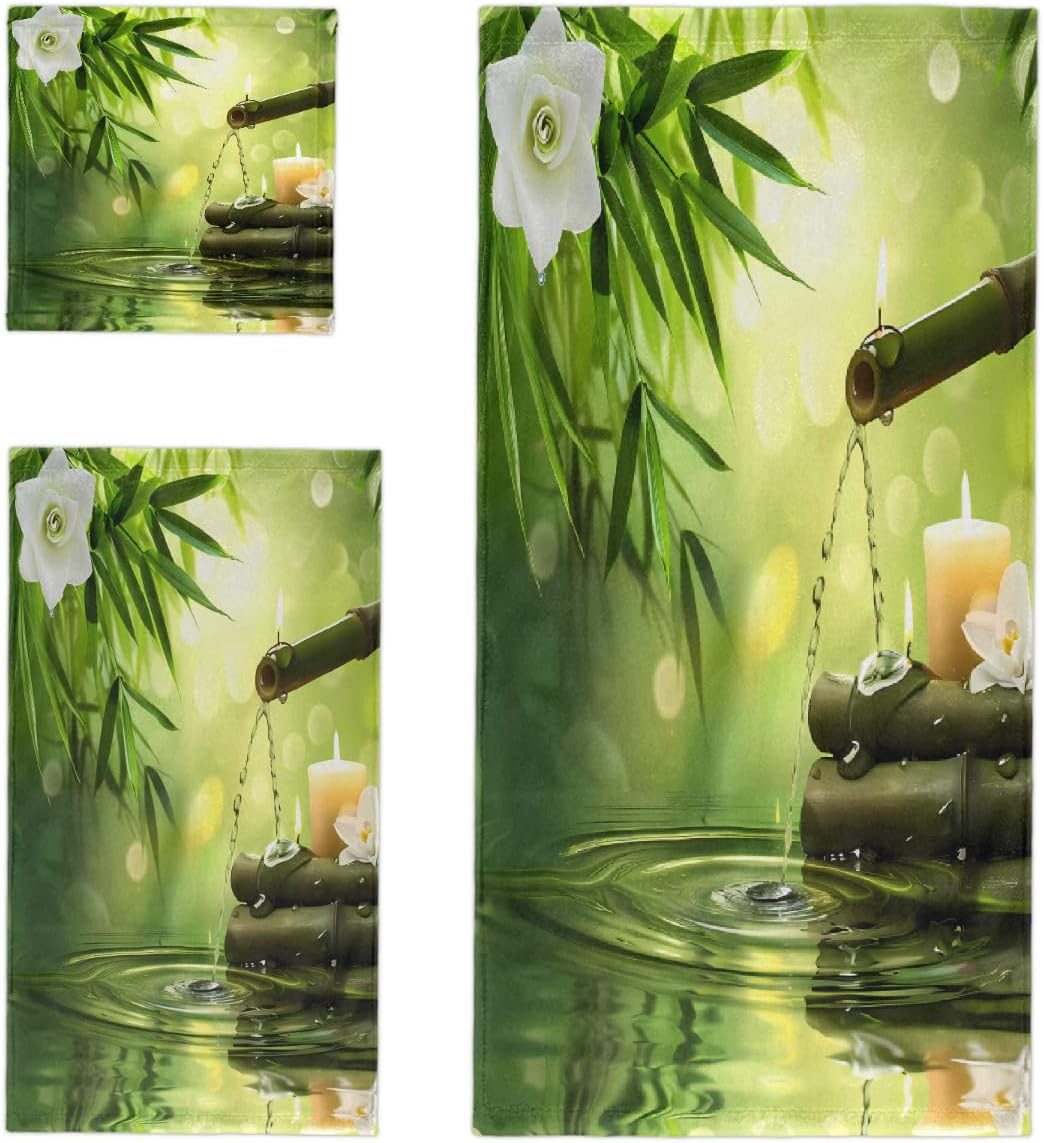 Japanese Zen Bamboo Flower Bath Towels Set of 3 with 1 Large Shower/Beach Towel, 1 Hand Towel, 1 Washcloth Soft Microfiber Towels Set for Bathroom Hotel Swim Spa Gym Yoga
