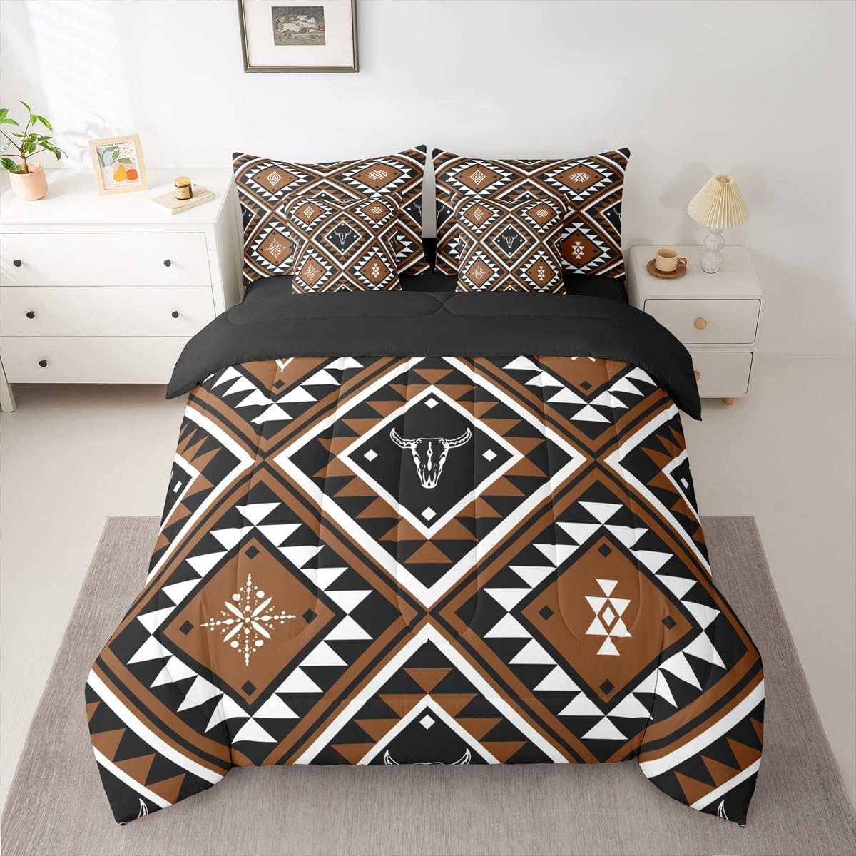 Erosebridal Rustic Western 7 Pcs Comforter Set Queen for Men,Southwestern Aztec Bedding Bohemian Quilt Ethnic Horns Bull Skull Farmhouse Bedroom Decor Brown Geometric Diamond Sheet Set Bed in A Bag - Image 5