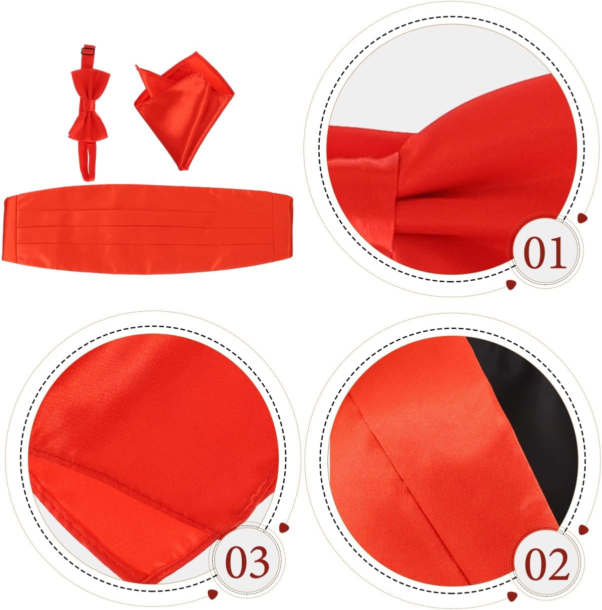 Kisangel Red Bow Tie Cummerbund Set for Men, 3-Piece Formal Tuxedo Accessories with Pocket Square, Classic 4-Pleat Adjustable Waist Tuxedo Accessories Men men for Weddings, Proms & Galas