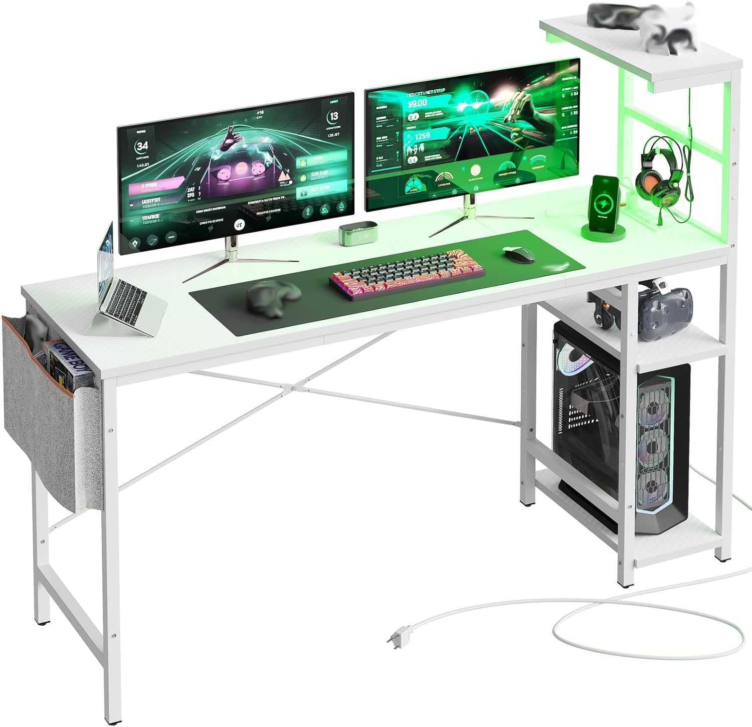 Bestier Gaming Desk with Power Outlets, 61 Inch Large Led Gamer Desk with 4 Tiers Reversible Shelves, PC Gaming Table with Headset Hook & Side Storage Bag for Bedroom (White 3D Carbon Fiber) 61 Inch with Power Outlets White 3d Carbon Fiber