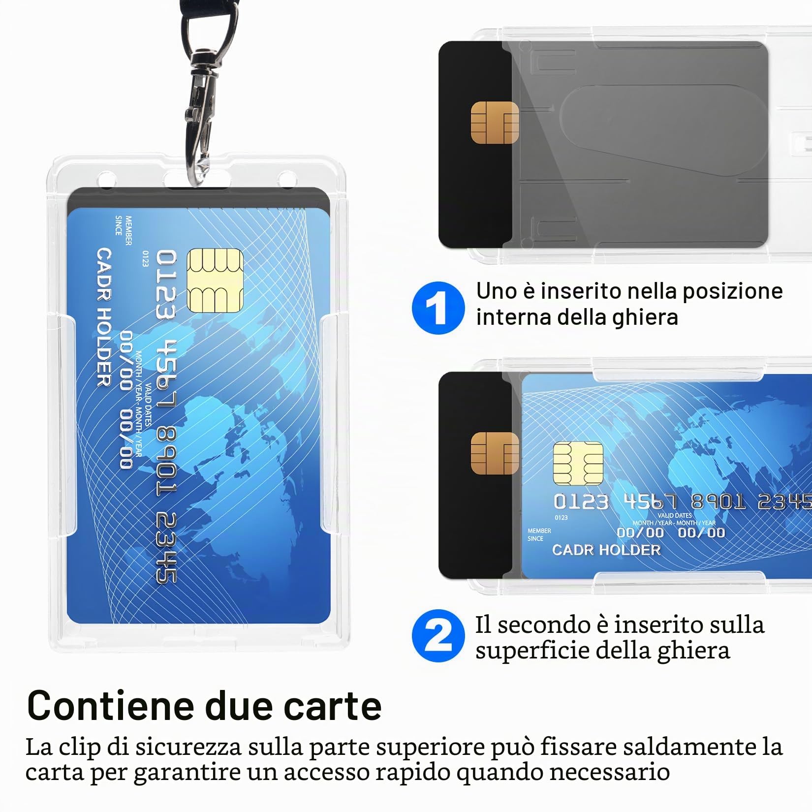 Porta Badge Retrattile con Cinturino, Portabadge Collo, Porta Tessere Custodie Trasparenti con Portachiavi Allungabile Filo Acciaio, 2 Set