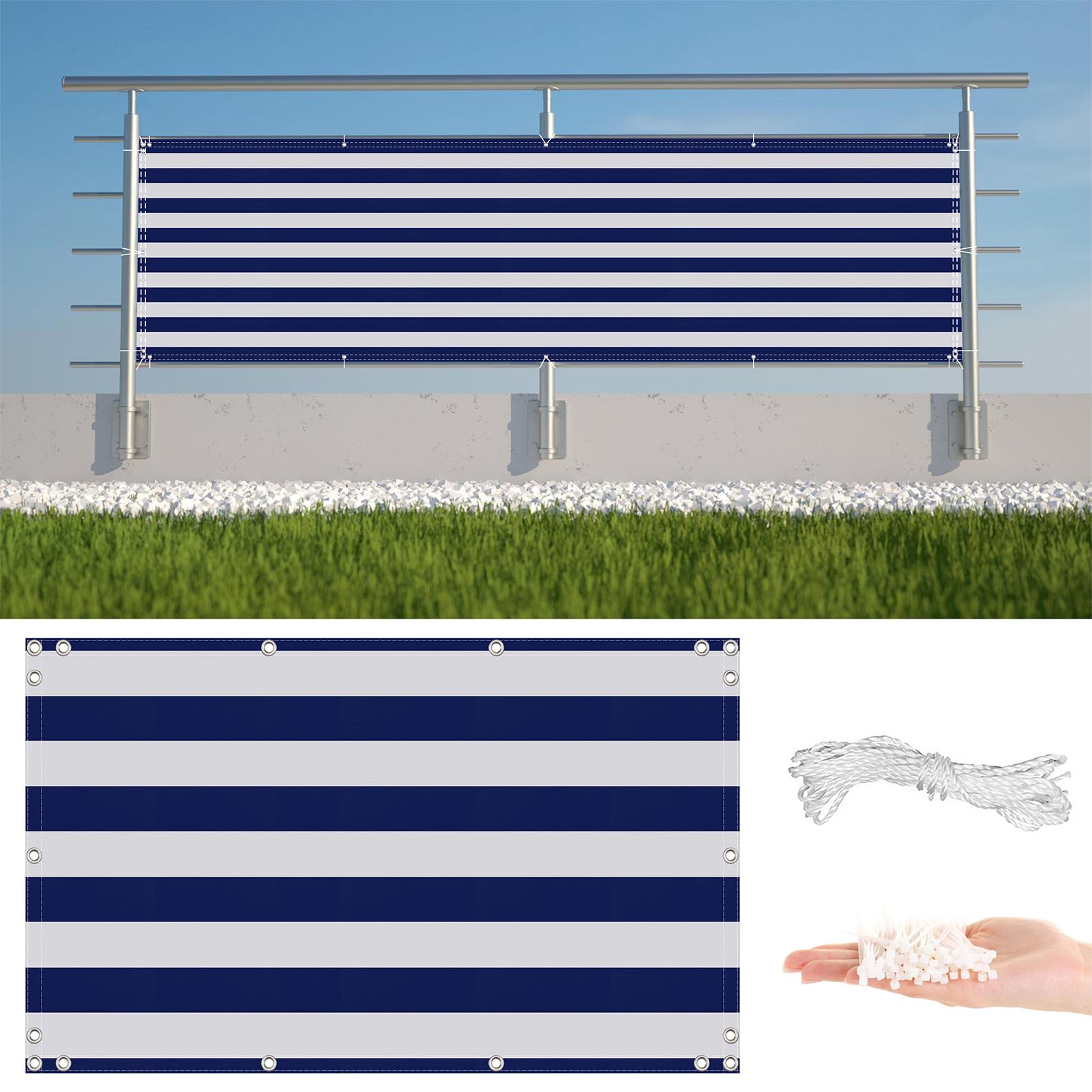 GLDYTVF Balcony 0.75m x 4m Weatherproof Wind and UV Protection Garden with Cable Ties Shade Netting for Wall Garden Yard Blue Stripe