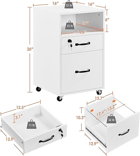 Miniatura 3 de Topeakmart Archivador con 2 cajones y 1 estante abierto, soporte para impresora de almacenamiento con ruedas para A4LegalLetter 16 L × 16 W × 26 H
