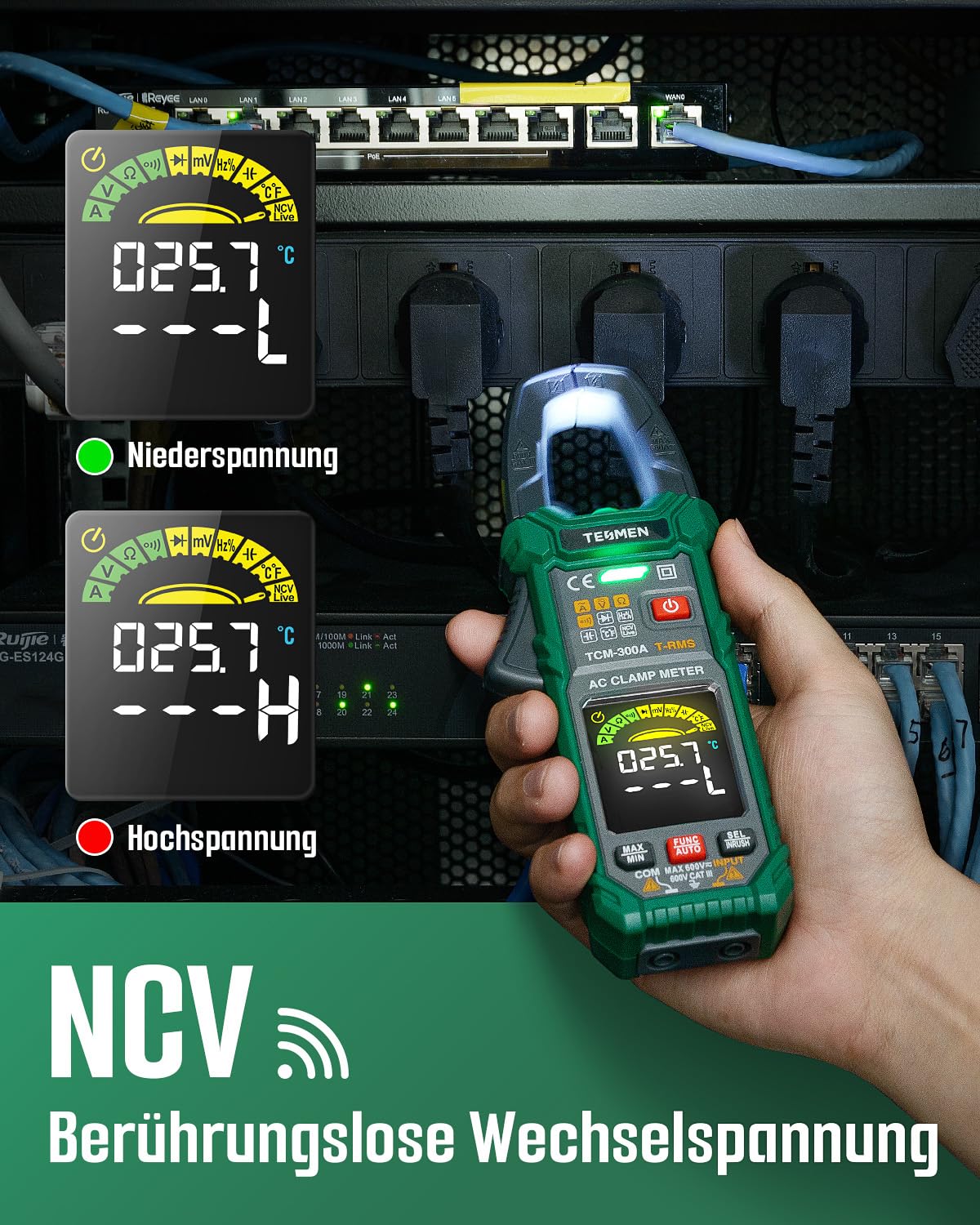 TESMEN TCM-300A Digital Clamp Meter 6000 Counts T-RMS Amperemeter Auto-Ranging Multimeter Voltmeter mit AC-Strom AC/DC Spannung NCV/Live Wire Einschaltstrom Widerstand Diode Temperatur – Grün
