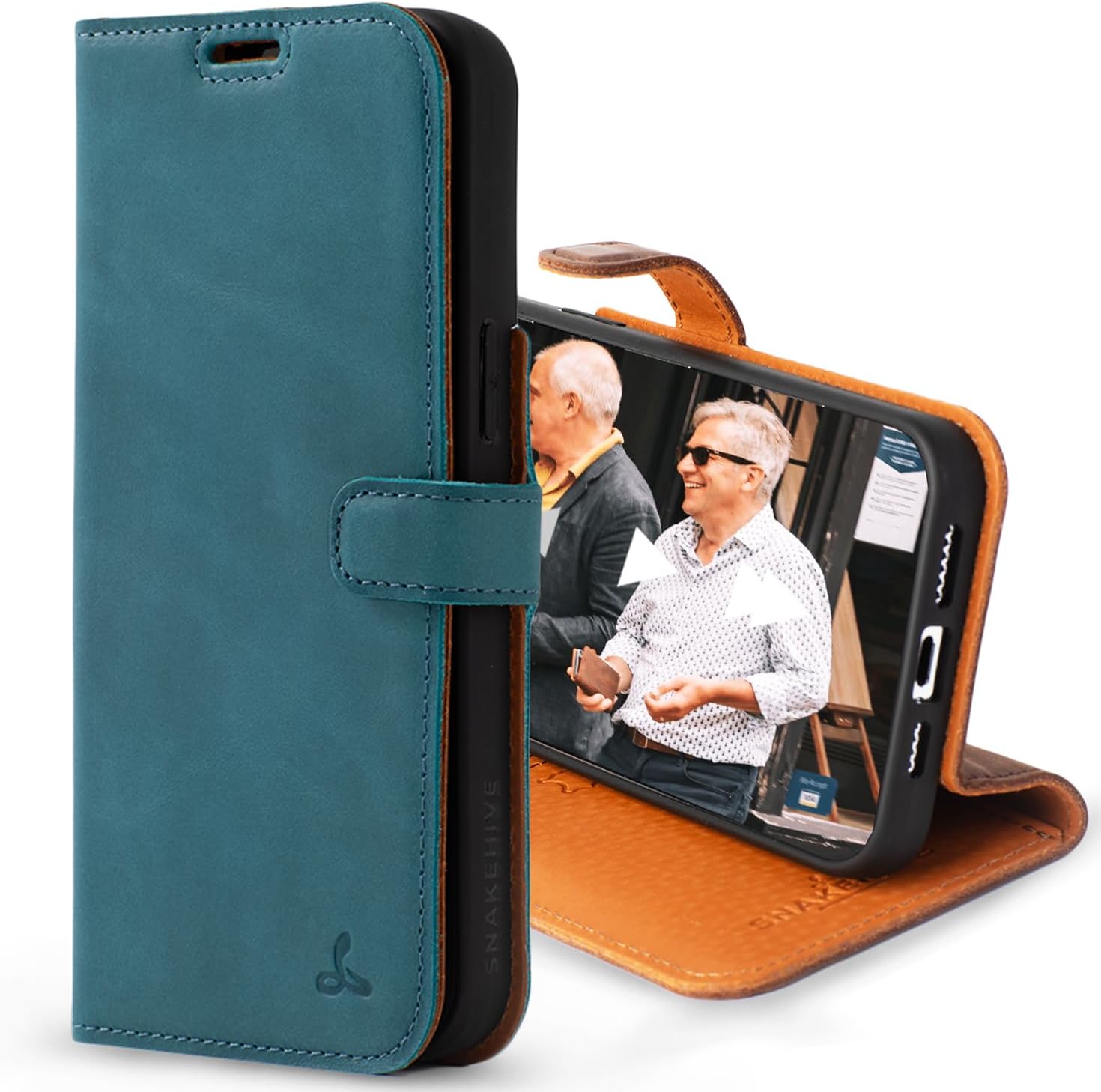 Snakehive Leather Wallet for iPhone 15 Pro Max - Real Leather Wallet Phone Case - Genuine Leather with Viewing Stand and 3 Card Holder - Flip Folio Cover with Card Slot (Teal)
