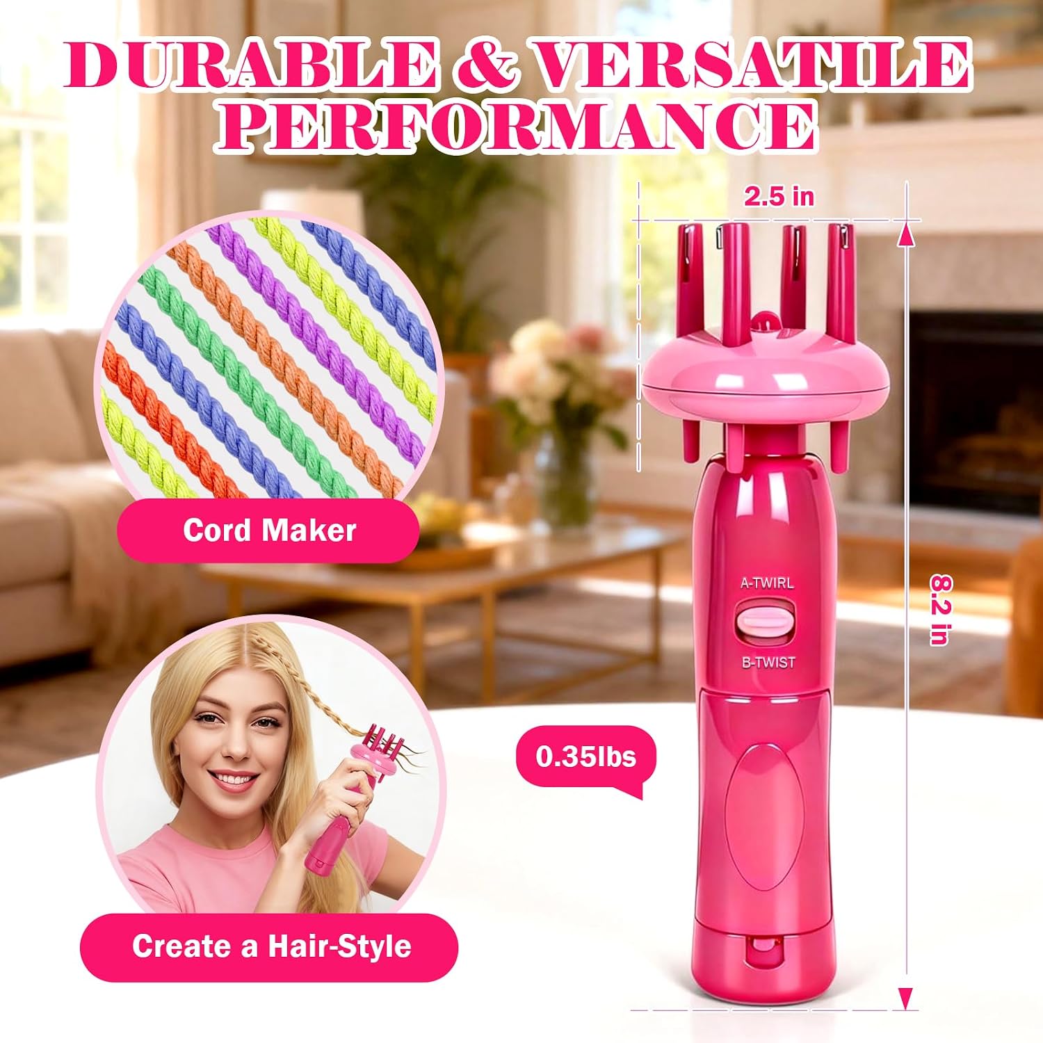 VIBERAY Cord Maker Fringe Twister Tool, Needlepoint Cording Handheld Tassel Maker Tool for Fast DIY Crafts & Home Decor, Craft Yarn Making Twister for Beginners and Knitting Enthusiast (Pink)