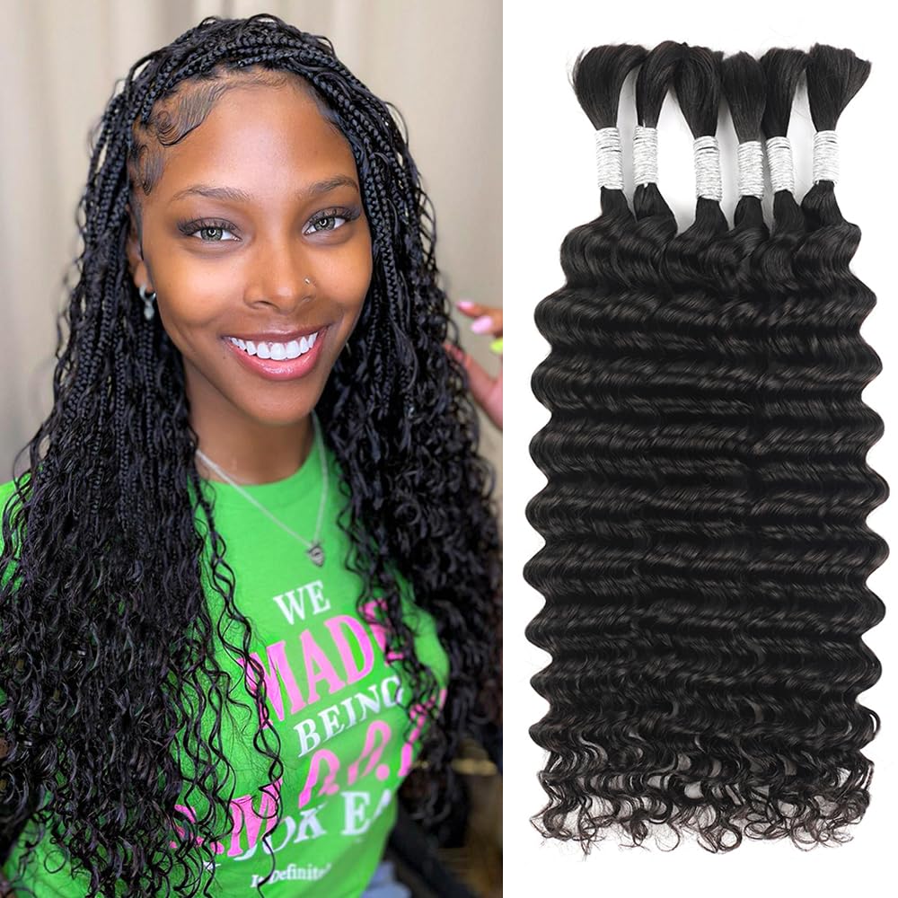 14 Inch 6 Bundles Human Hair Braiding Hair Human Braiding Hair No Weft Deep Wave Bulk Human Hair for Braiding Hair Extensions for Boho Braids 150g