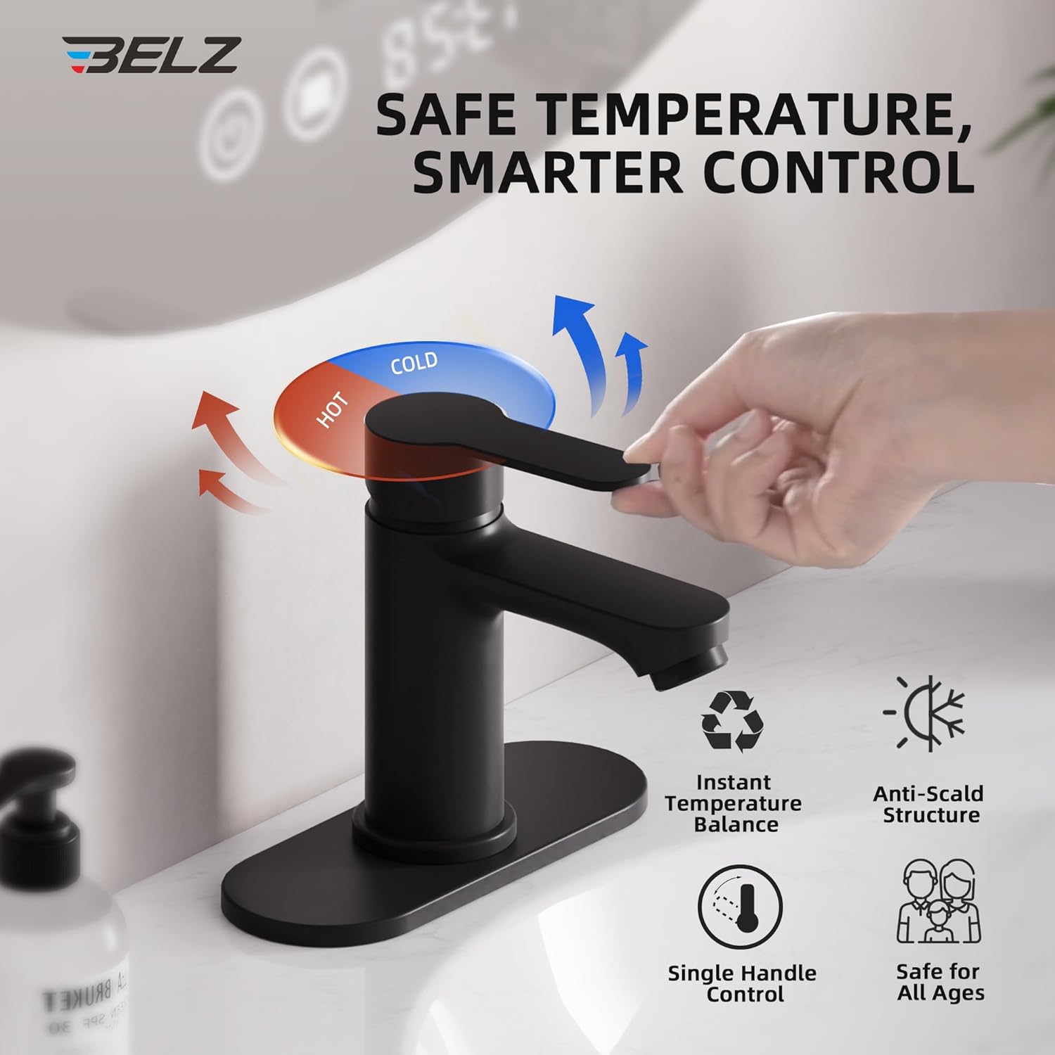 BELZ Bathroom Faucet, Single Handle Matte Black Sink Faucet for 1 or 3 Hole Installation, Modern Lead-Free Metal Vanity Faucet with Pop-Up Drain & Supply Hoses (Matte Black)