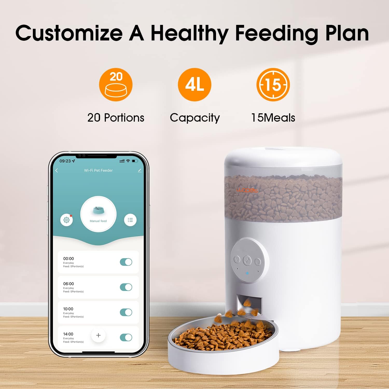 WOPET Automatic Cat Feeder, WiFi Cat Feeder with APP Control for Cats and Dogs, 4L Dog Feeder with Stainless Steel Bowl, 15 Meals Per Day, Up to 10s Meal Call for Pets (White)