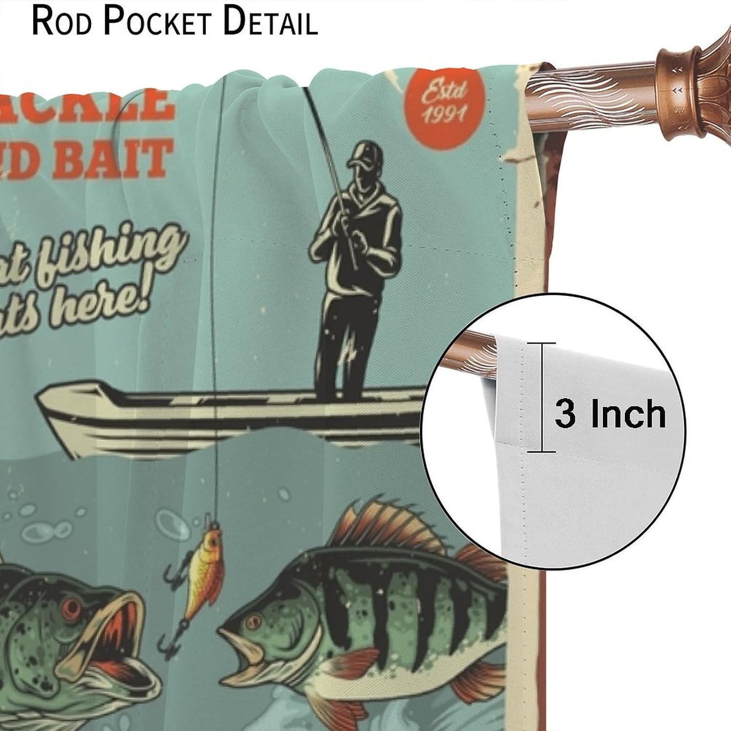 Fish Curtains Vintage Fish Stamp Pattern Fishing and Hunting Brown Green Fishing Window Drapes for Bedroom Living Room Kitchen Cafe （W20xL45 Inch） x2 Decor