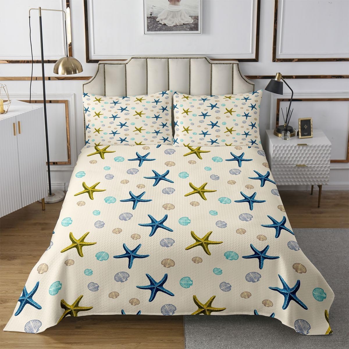Manfei Starfish Shell Beach Bedspread,Coastal Hawaii Quilt Set for Adults Women,Summer Ocean Dreamy Bedding Set,Blue Green 3 Pcs Coverlet Set with 2 Pillow Shams,King Size