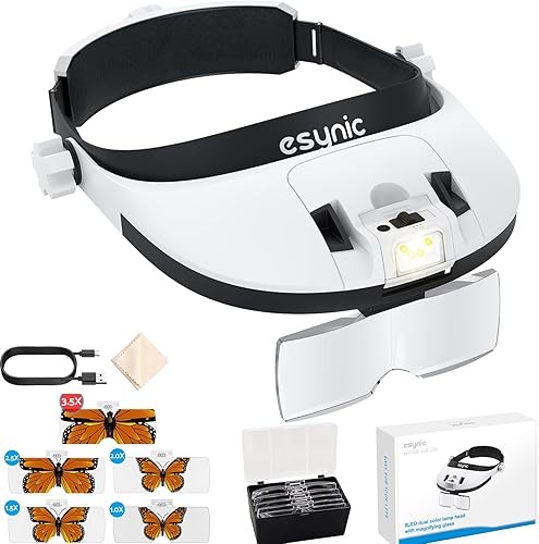 Miniatura 8 de eSynic Lupa de cabeza cómoda con luz USB C recargable 1X-14X aumento 5 lentes acrílicas, diseño de lente doble, diadema ajustable para lectura,