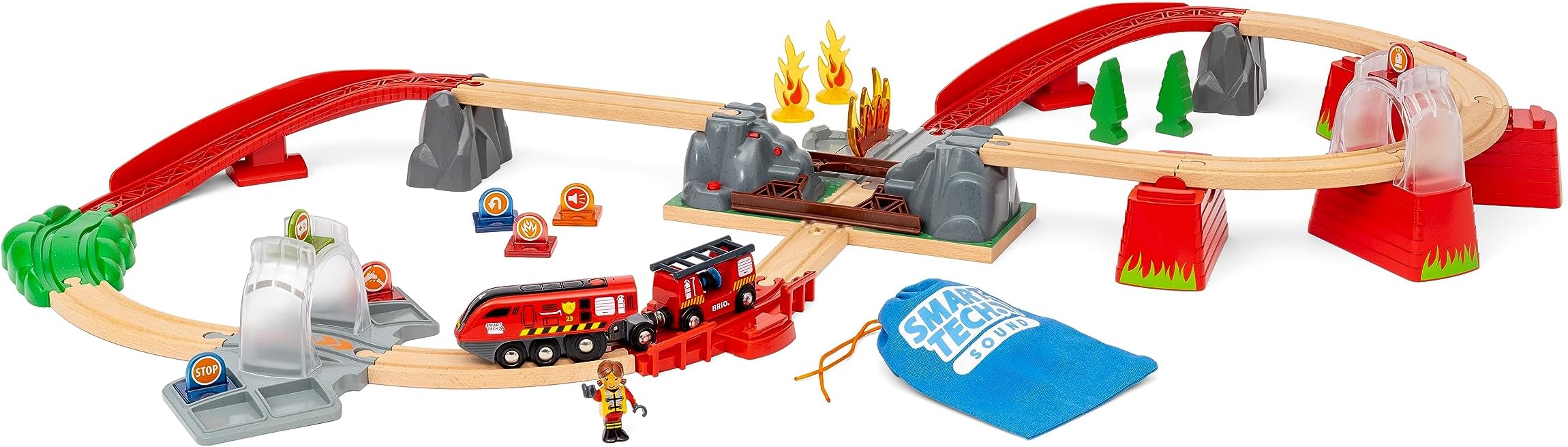 BRIO World โ 36004 Smart Tech Sound Feuerwehreinsatz-Rettungsset | 41-teiliges Feuerwehrset mit batteriebetriebener Spielzeuglok fรผr Kinder ab 3 Jahren