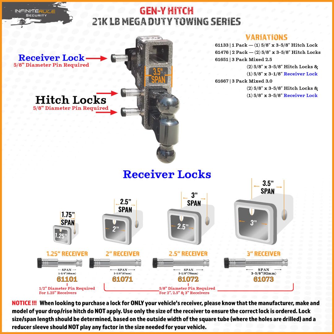 61476 | 2 Pack, Keyed Alike, Hitch Locks for Gen-Y Hitch 21K LB Mega Duty Series - Fits Adjustable Ball Mount Only - Does Not FIT Vehicle Receiver