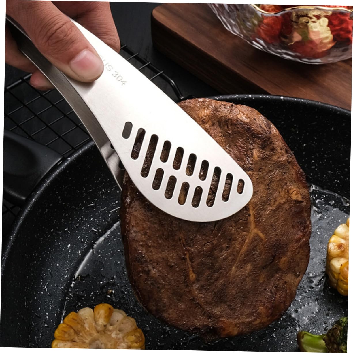 OFFSCH 1Pc Stainless Steel Multifunctional Bbq Tongs Scald Food Clamp for Steak Bread Meat Grilling Long Handle Kitchen Tool for Home Party and Restaurant Use