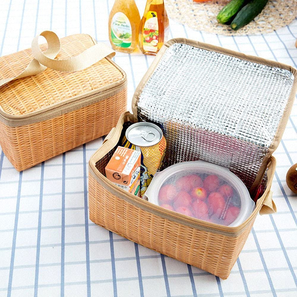 Borsa da Picnic all'aperto in Rattan di Vimini Portatile Stoviglie Impermeabili Cestino per contenitori per Alimenti con Isolamento Termico per Picnic da Campeggio