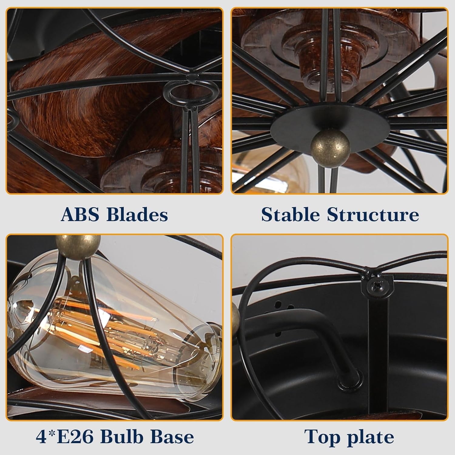 HomeLava 19.7 inch Iron Cage Ceiling Fans with Lights, Flush Mount Ceiling Fan Lights with Remote Control, 6 Speed Farmhouse Fan Lights for Kitchen(Bulbs not Included)