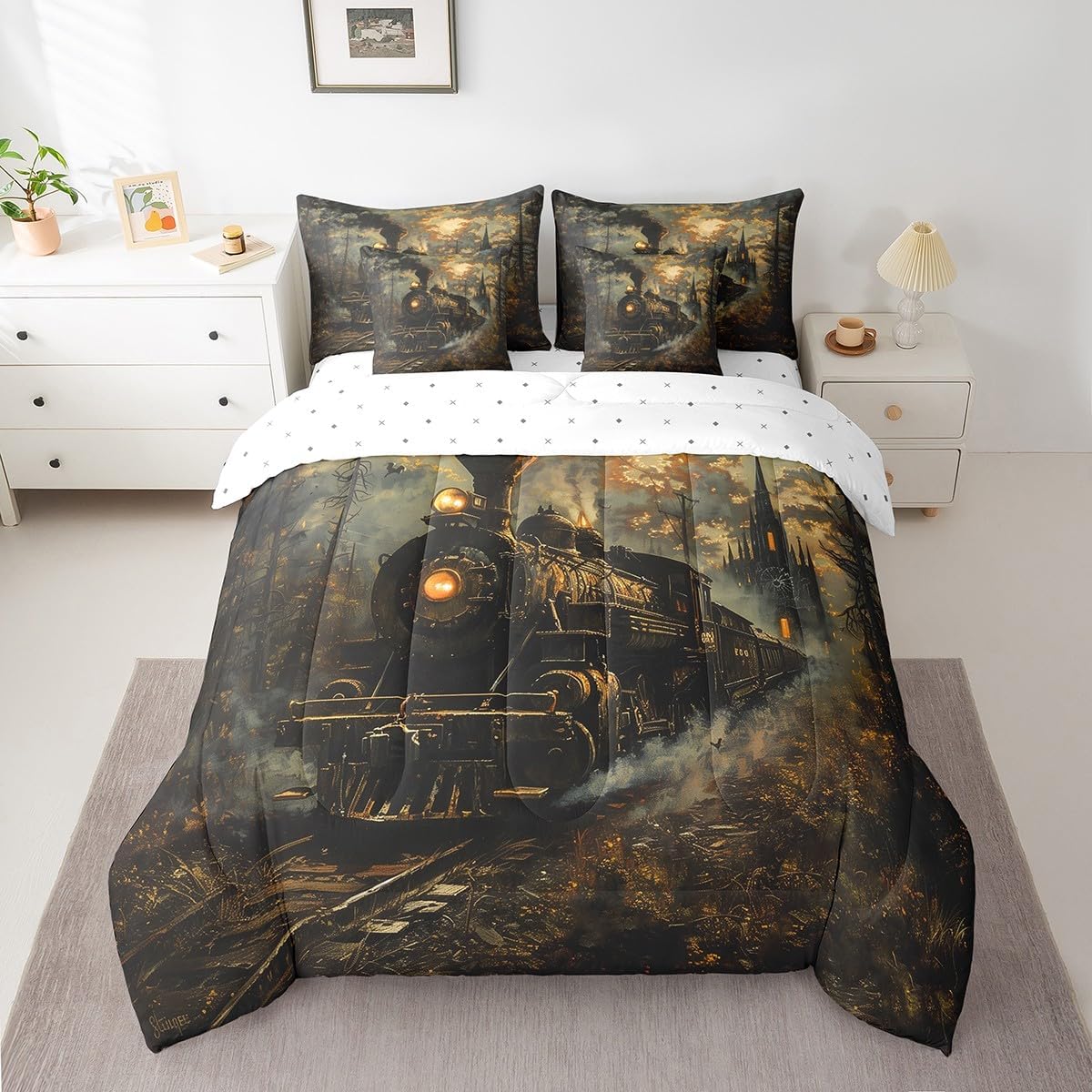 7 Pieces Full Size Train Comforter Set,Retro Choochoo Steam Locomotive Train Bedding Set for Boys Girls,Gothic Bell Tower Castle (Comforter+Fitted+Flat Sheet+2 Pillowcases+2 Throw Pillow Covers)