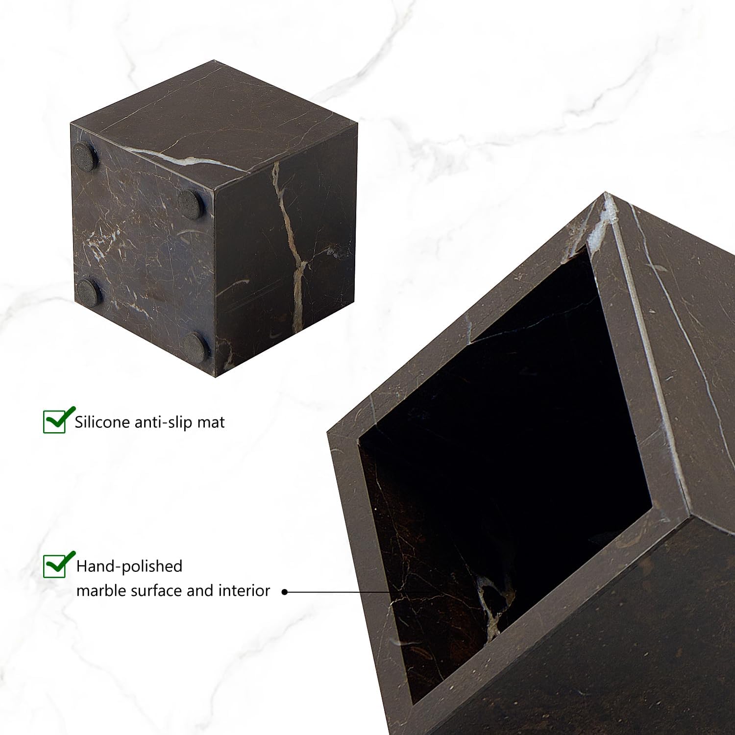 Real Luxurious Natural Marble Toothbrush Holder & Makeup Brush Organizer & Pen Holder for Desk,3.93inch Square Marble Utensil Holder Non-Ceramic/Non-Resin （Brown）