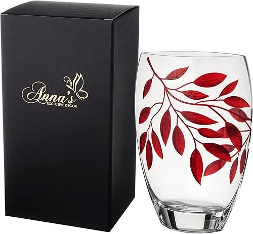 Jarrón grande de vidrio soplado a mano de 11.8 in - Decorado con hojas de rubí arenadas y pintadas - Caja de regalo dorada - Centro de mesa de