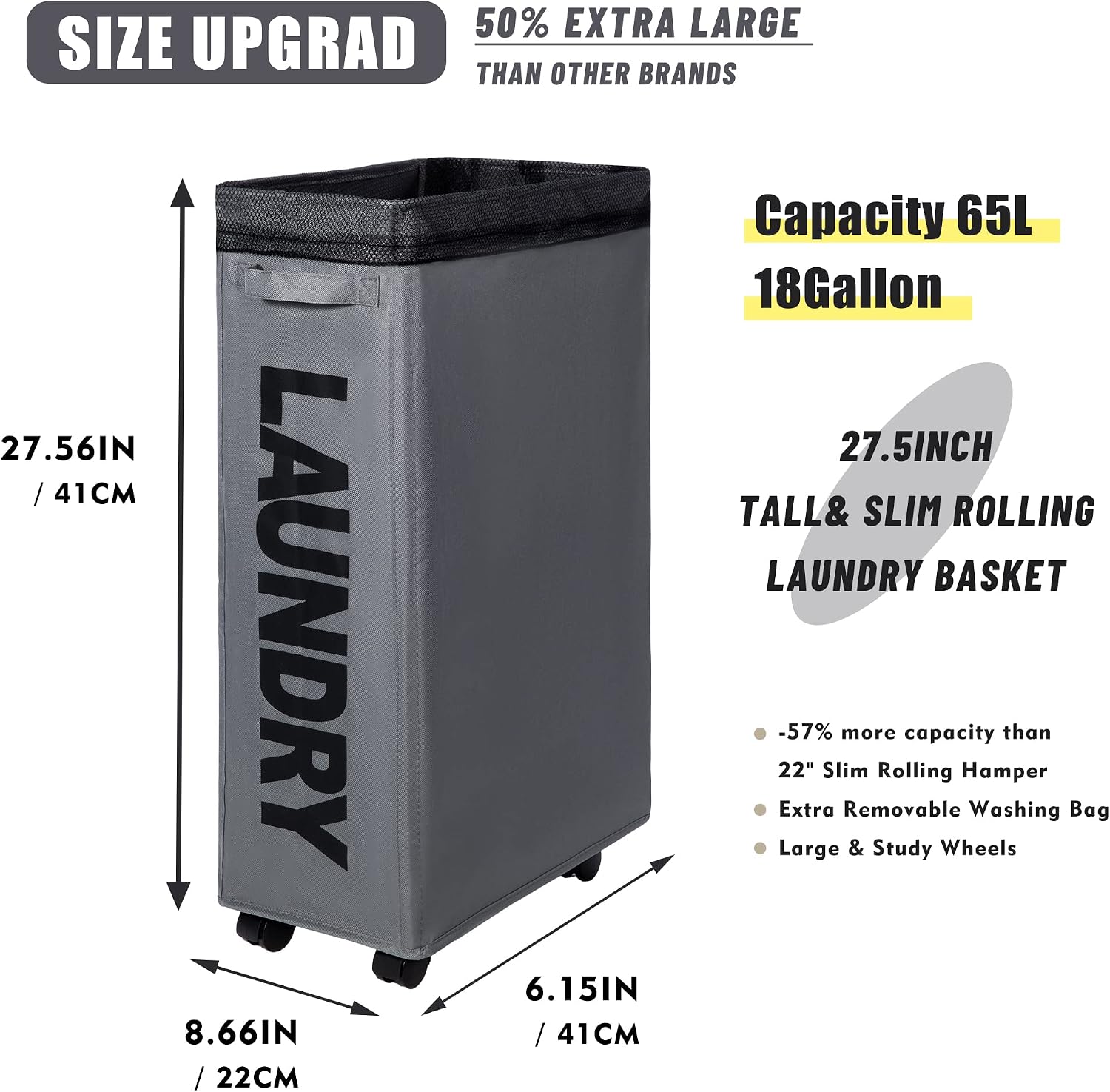 Caroeas Laundry Basket Slim Plus 27.5”, Laundry Basket with Wheels, Laundry Hamper with Removable Wash Bag Waterproof Clothes hamper Fabric baskets for laundry