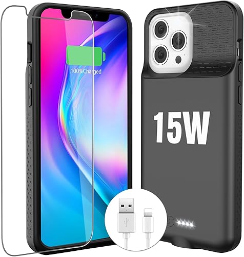 KKD Funda de carga para iPhone 12 Pro Max, 15 W, carga rápida, 8000 mAh, funda de cargador de batería inteligente con diseño antideslizante de TPU y