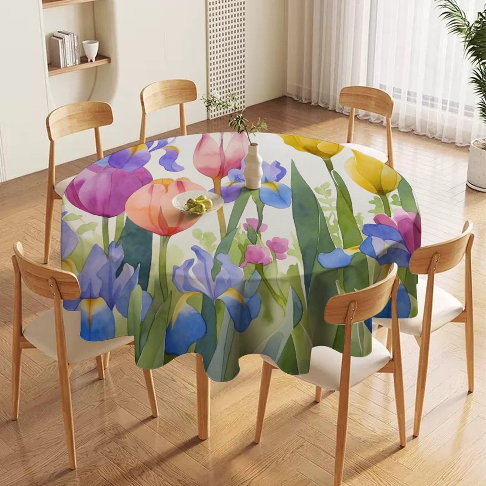 ORDOBO 3D Print Round Tablecloth - Colorful Flowers Waterproof Dust-Proof 3D Print Table Cover For Dinner Kitchen Garden Fashion Home Countertop Decoration 152X152Cm